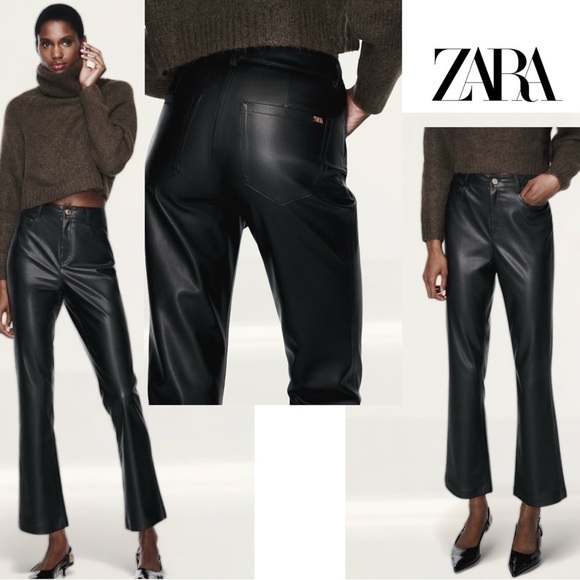 Zara Black Faux Leather Pleather Vegan Cropped Mini Flare Trousers pants 4 NWOT - Picture 3 of 12